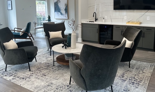 seating and decor in a large room