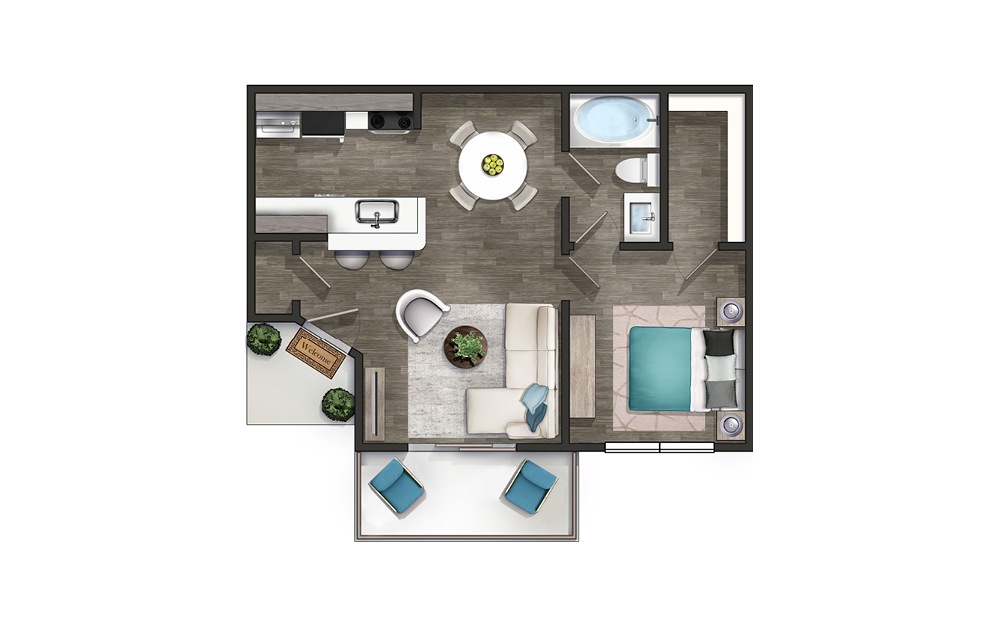 BUCKHEAD - 1 bedroom floorplan layout with 1 bath and 608 square feet.