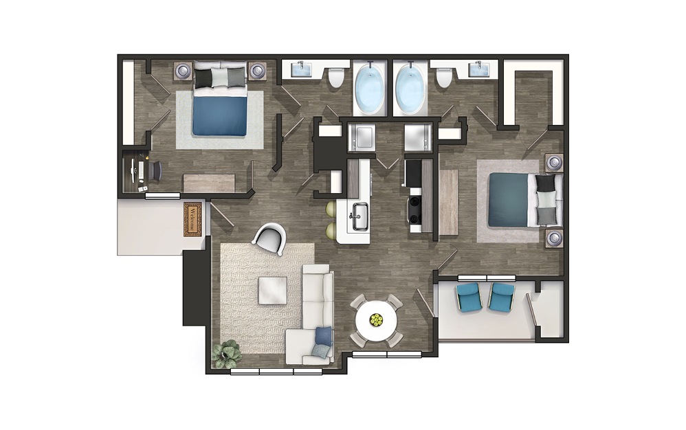 PEACHTREE - 2 bedroom floorplan layout with 2 baths and 1040 square feet.