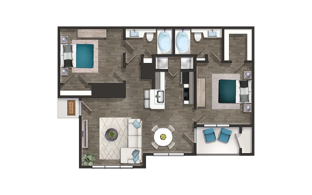 PIEDMONT - 2 bedroom floorplan layout with 2 baths and 1020 square feet.